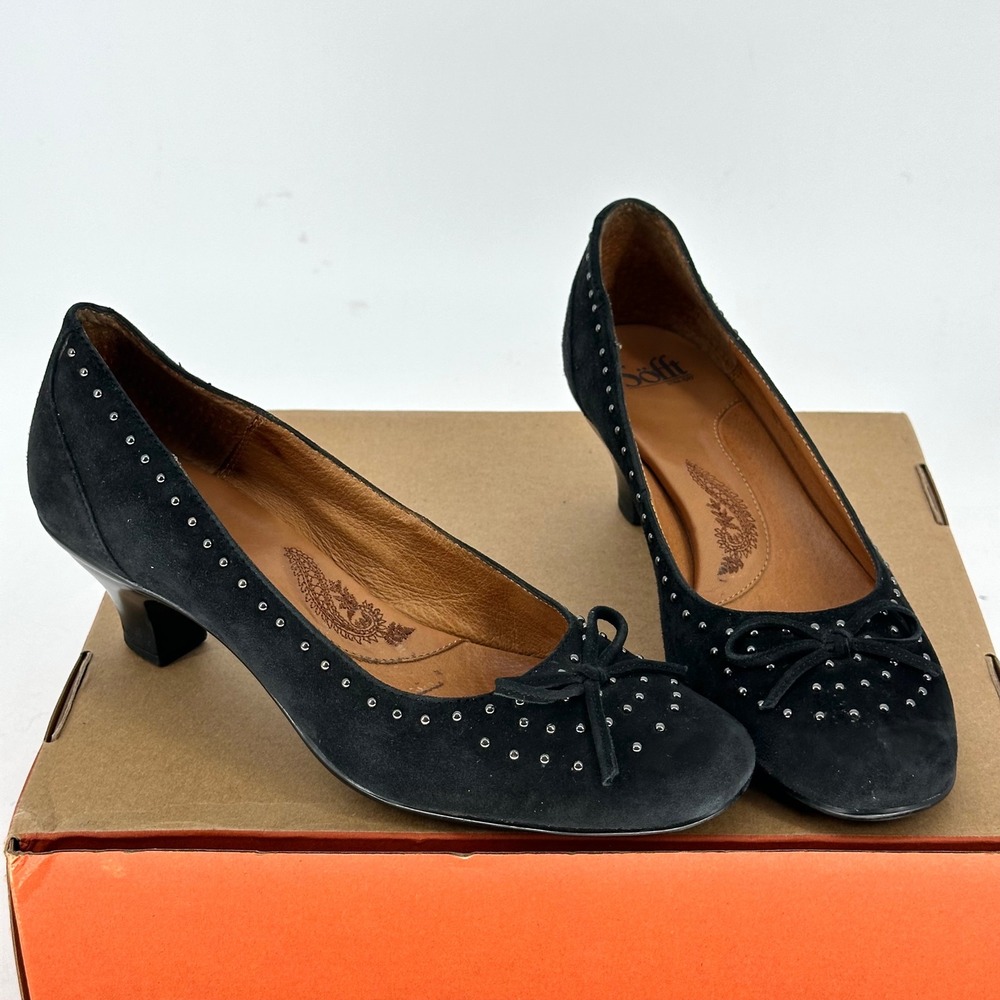 Soft Kalliope Black Suede Leather Studded Pump Low Block Heel Classic Comfy 10